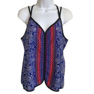 🔴 4/$15 Peach Royal Women’s S/M Navy Orange Paisley Tank Top est size S/M in EUC